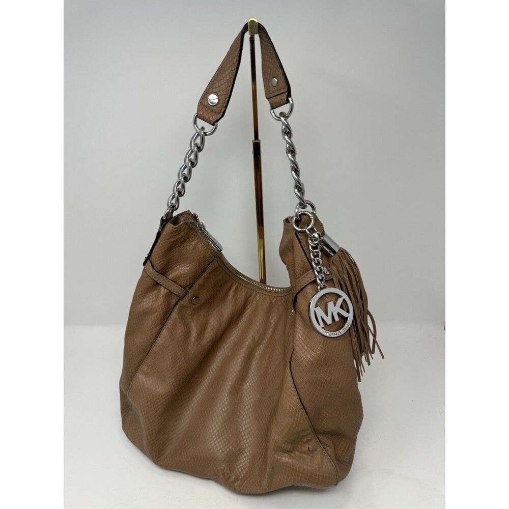 Michael Kors MEGAN Shoulderbag Leather Tan Snakeskin Hobo Boho Purse Chain